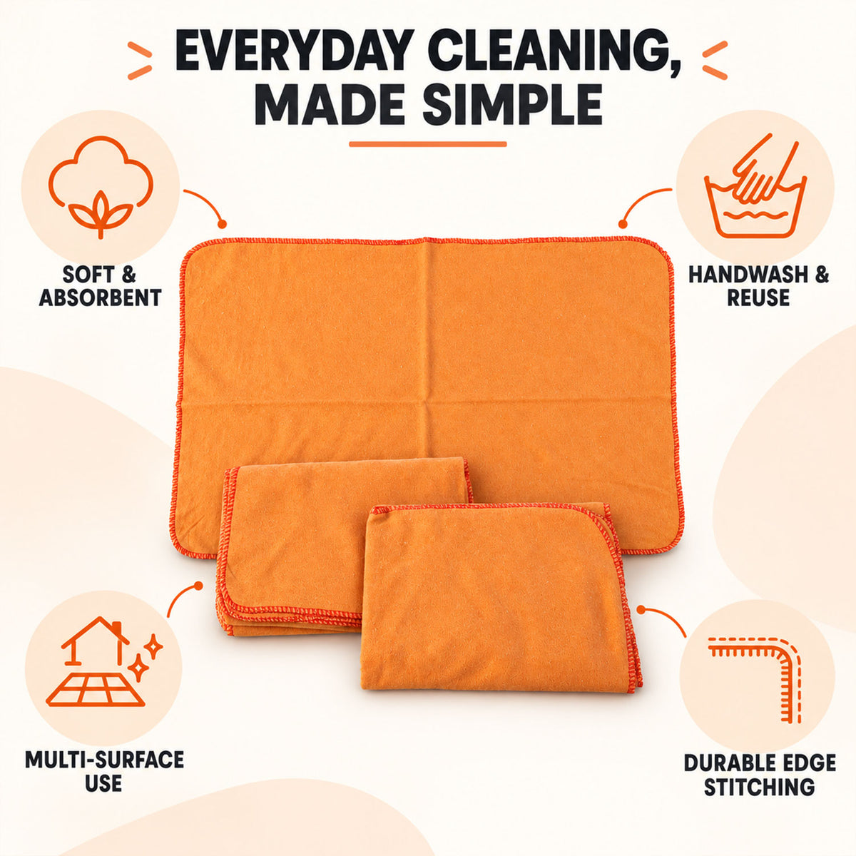 Orange Cotton Multipurpose Duster Cloth for Car and Home (3 Pc, 48 x 74 Cm)