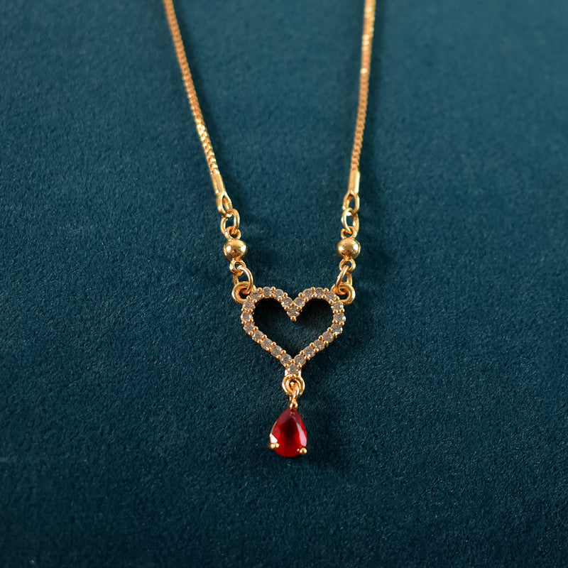 Gold-Plated Heart Pendant Necklace with Red Crystal Drop for Women