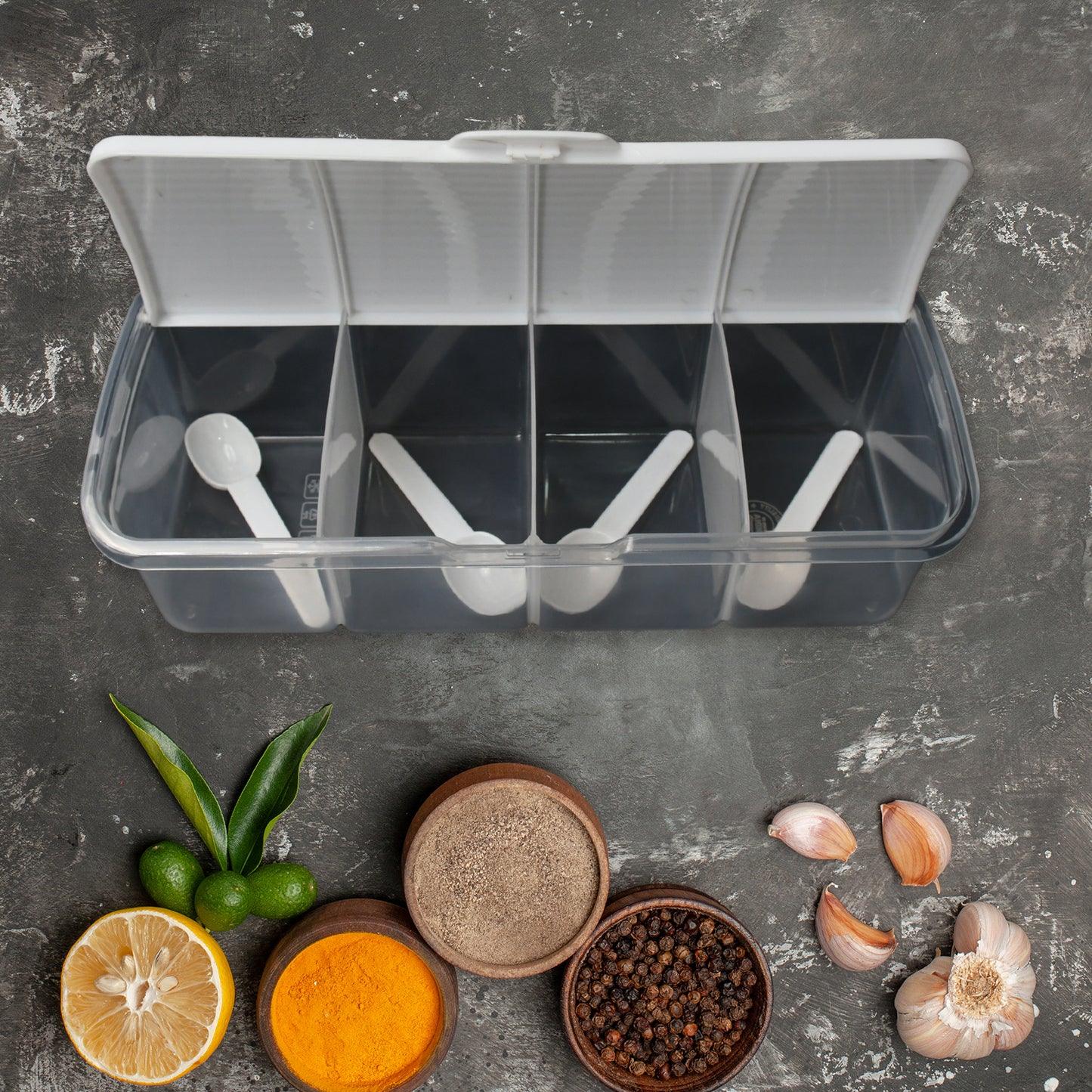 Kitchen Multipurpose Air-tight 4 Sections Storage Containers / Masala Box Pickle (Achar) Jar with 4 spoon for each section (1 Pc / Mix Color)