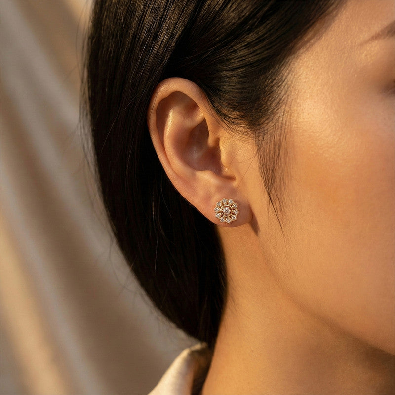 Crystal Floral Stud Earrings with Gold Finish for Women