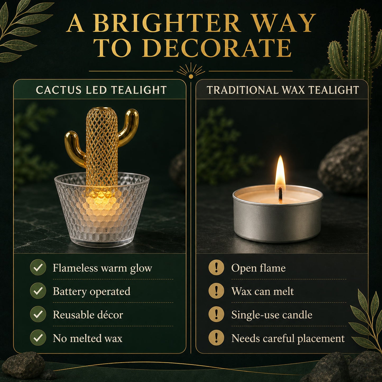 Cactus LED Tealight Candles – Unique Flameless Decorative Set
