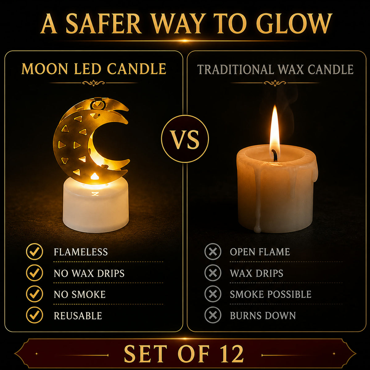 Moon Shaped Flameless LED Candles – (12 Pc Set)