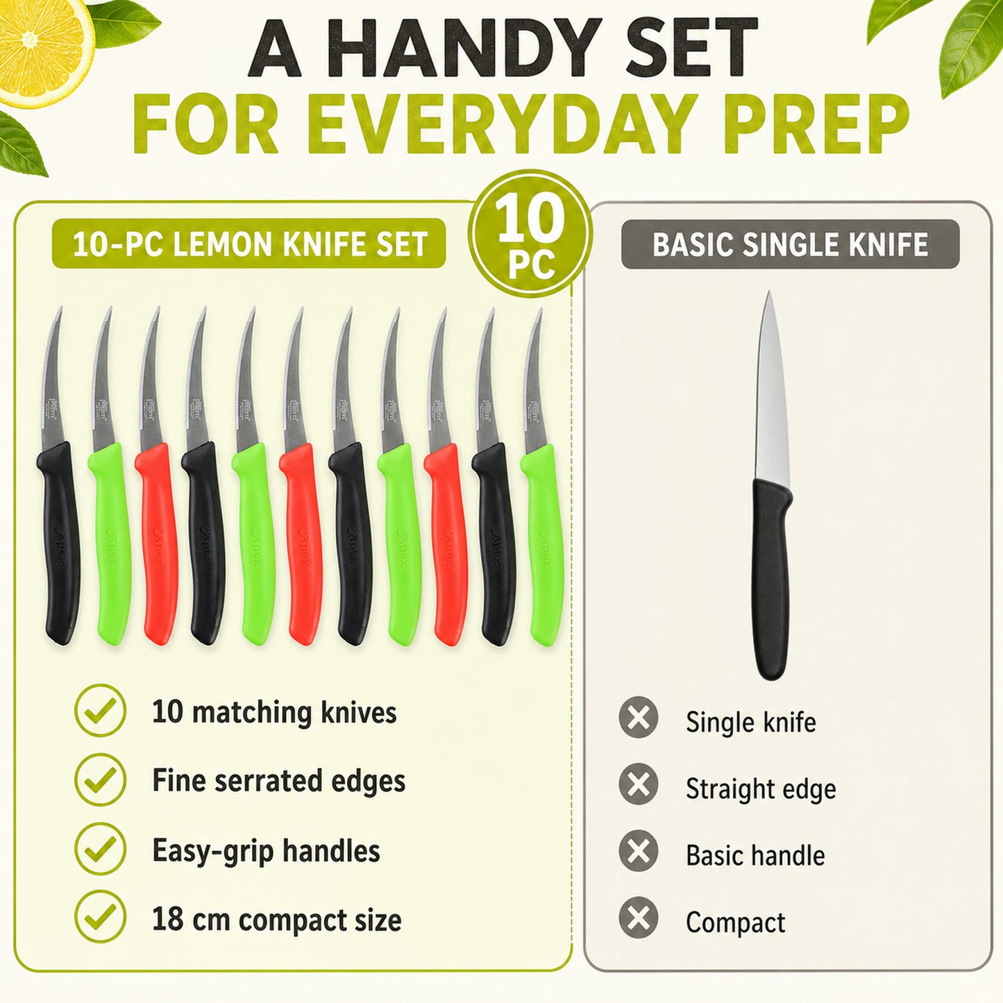 Lemon Knife Set – 10 Pc Stainless Steel Kitchen Cutting Knives