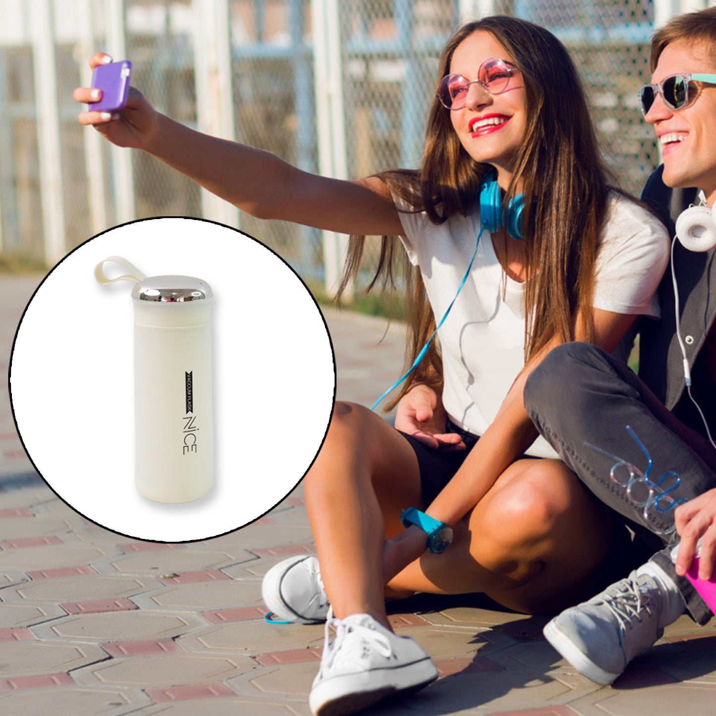 Water bottle 400ml leak proof, glass water bottle with daily water intake for gym and children, Nice Bottle (1 pc / White Color)