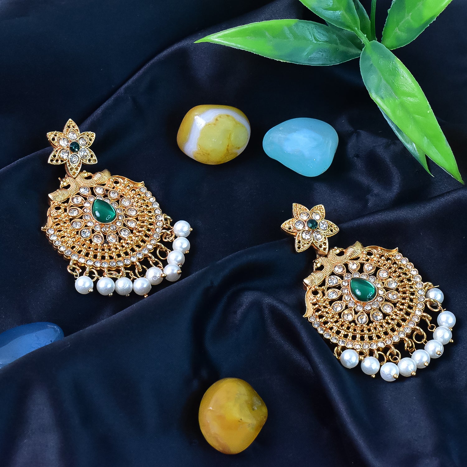 Beautiful Crafted Peacock Design American Diamond Pearl Earrings (1 Pair)