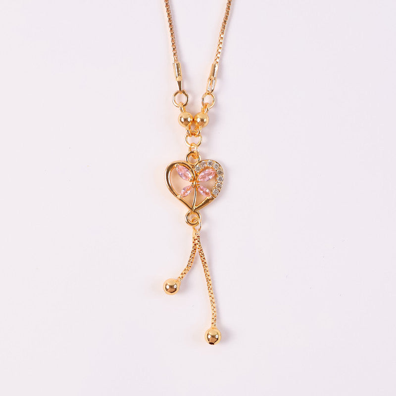 Heart Charm Drop Pendant Necklace – Elegant Gold-Plated Chain with Pink Stones