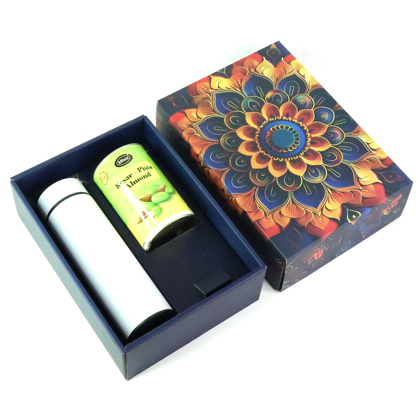 Effete Kesar Pista Almonds Gift Hamper, Golden With Bottle (2 Pc Set)