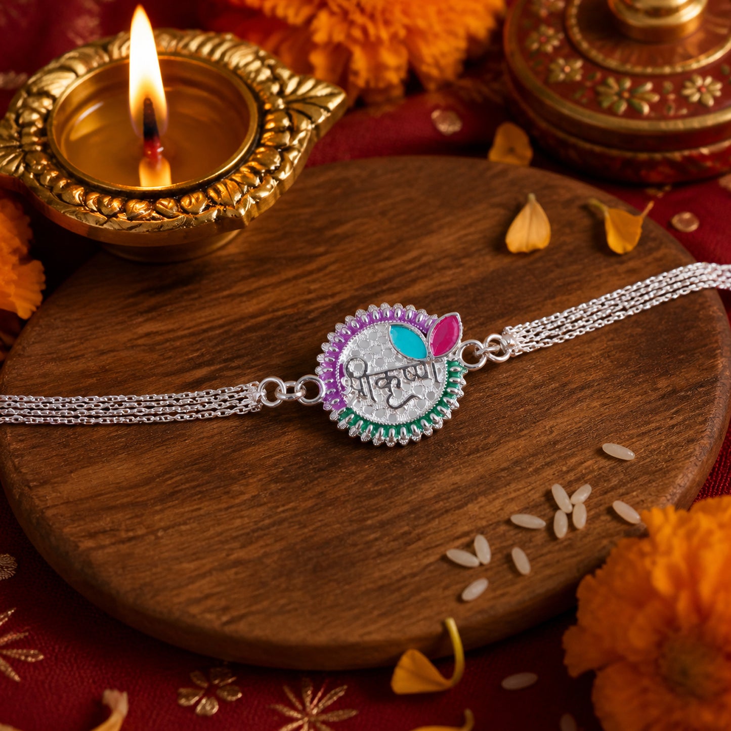 Top view of Shree Krishna decorative Rakhi bracelet