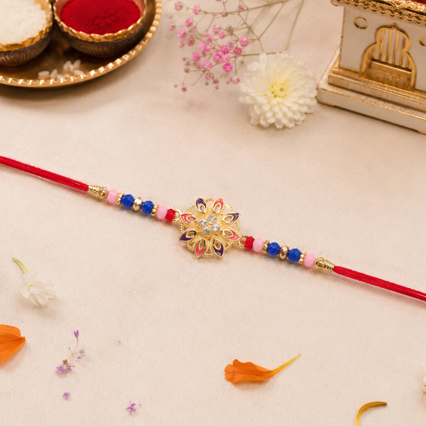 Beautiful floral rakhi with colorful beads