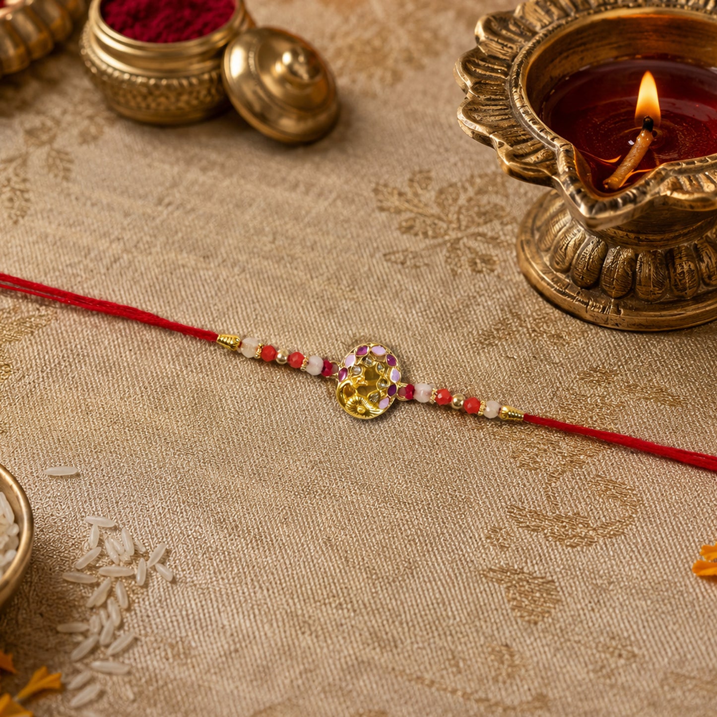 Elegant peacock themed rakhi displaying colorful beads and soft thread