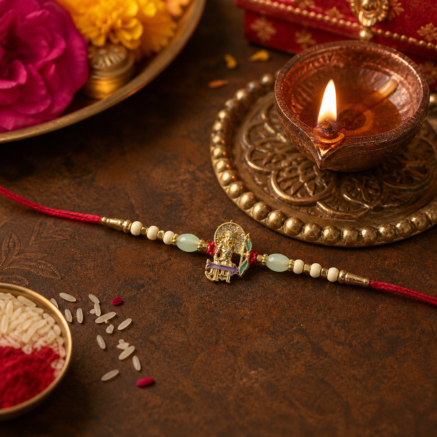 Elegant festive Lord Ram Rakhi with colorful beads