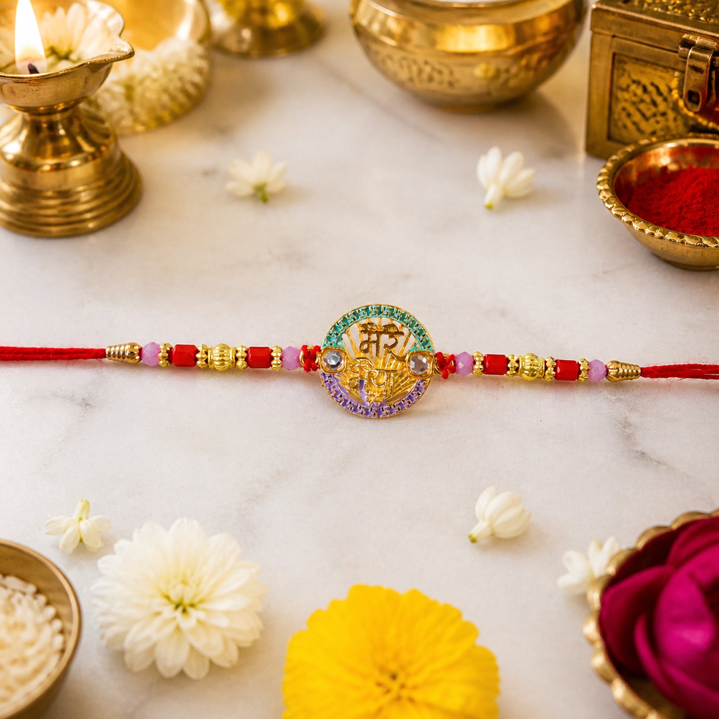 Top view of decorative traditional Rakhi for Raksha Bandhan