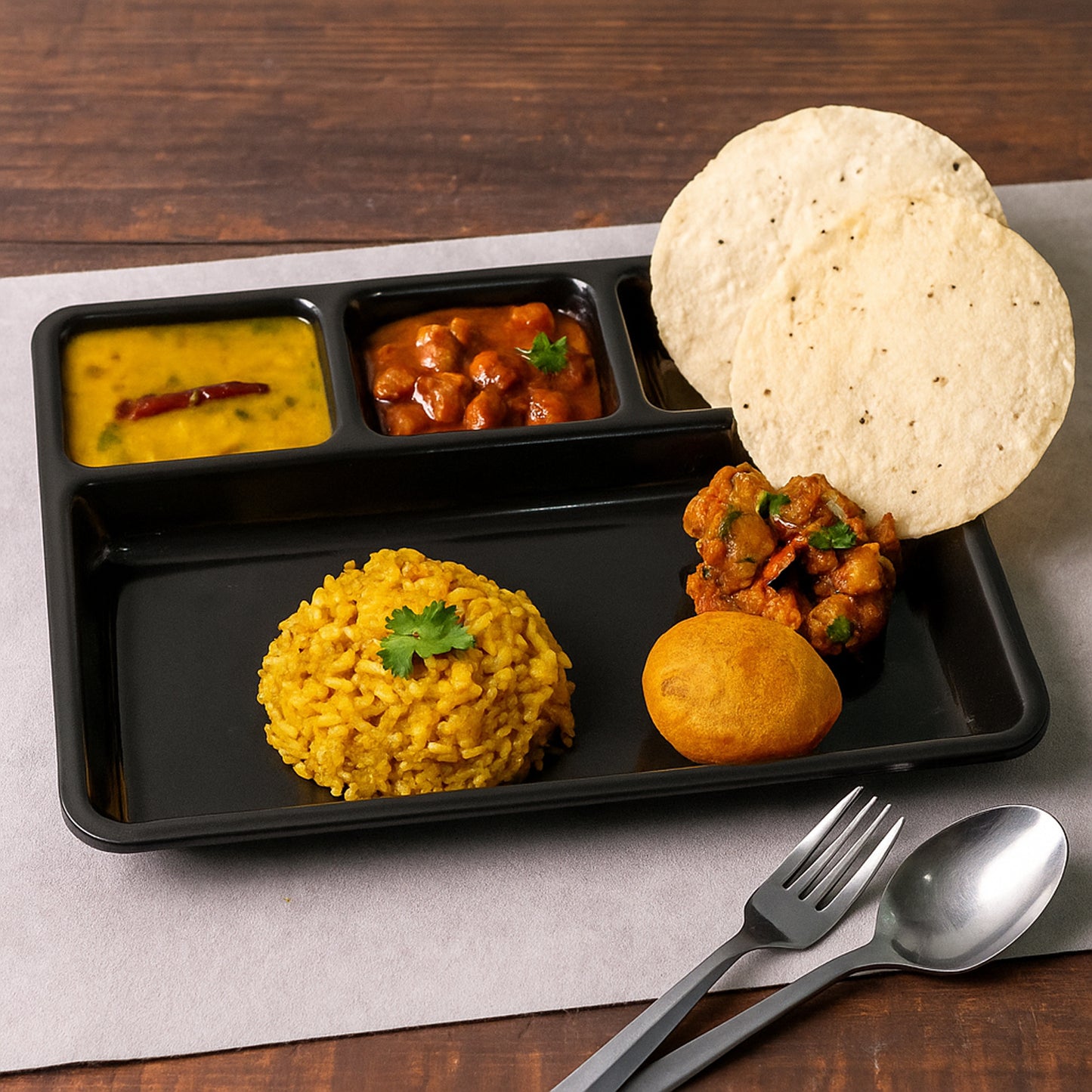 Plastic 4-Compartment Rectangular Meal Serving Tray – Sectioned Dining Plate (1 Pc)