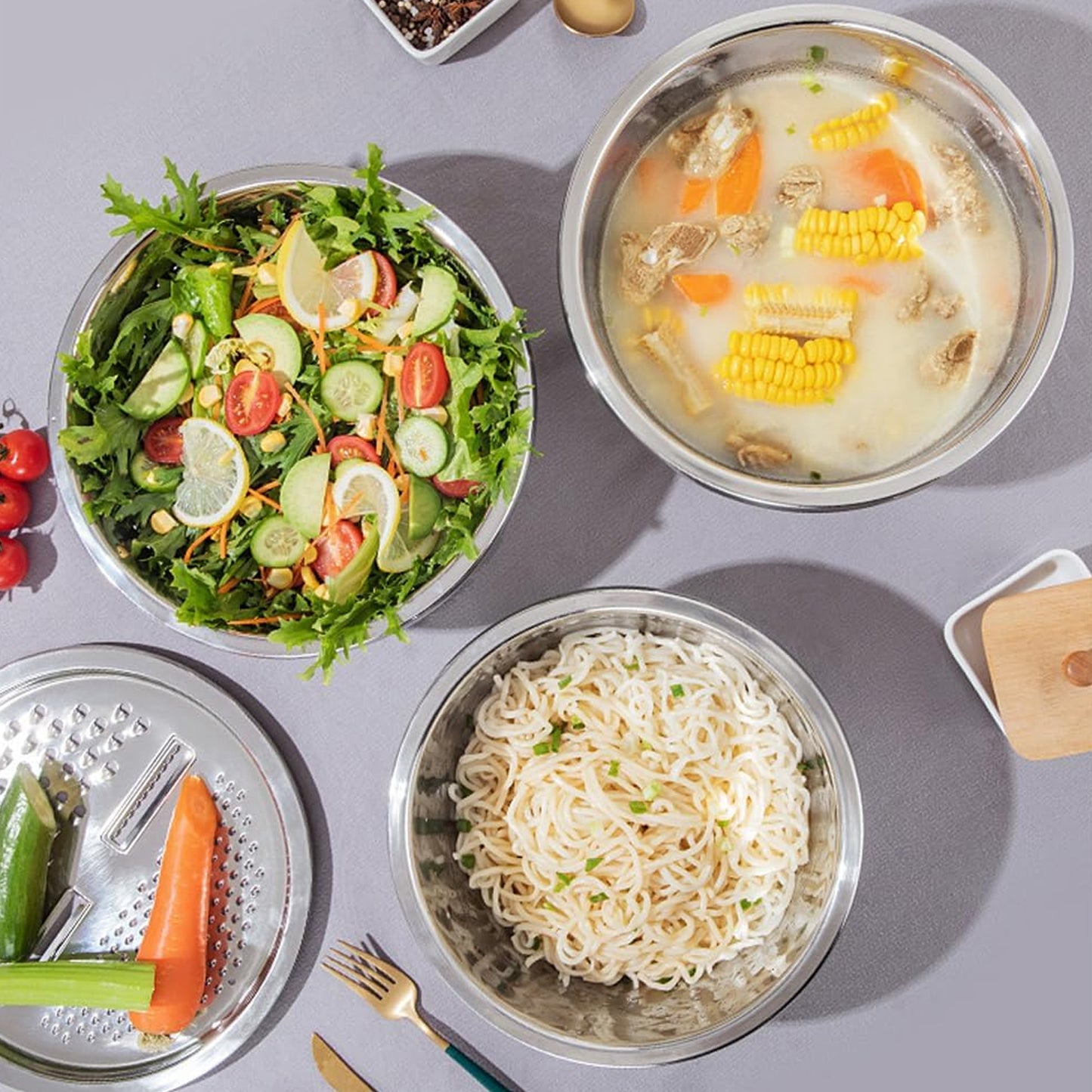 3-in-1 Stainless Steel Mixing, Straining & Grater Bowl Set