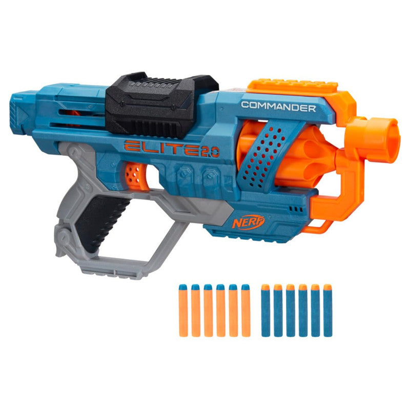 Top view of Nerf Elite 2.0 Commander Blaster foam dart gun with ammo loaded