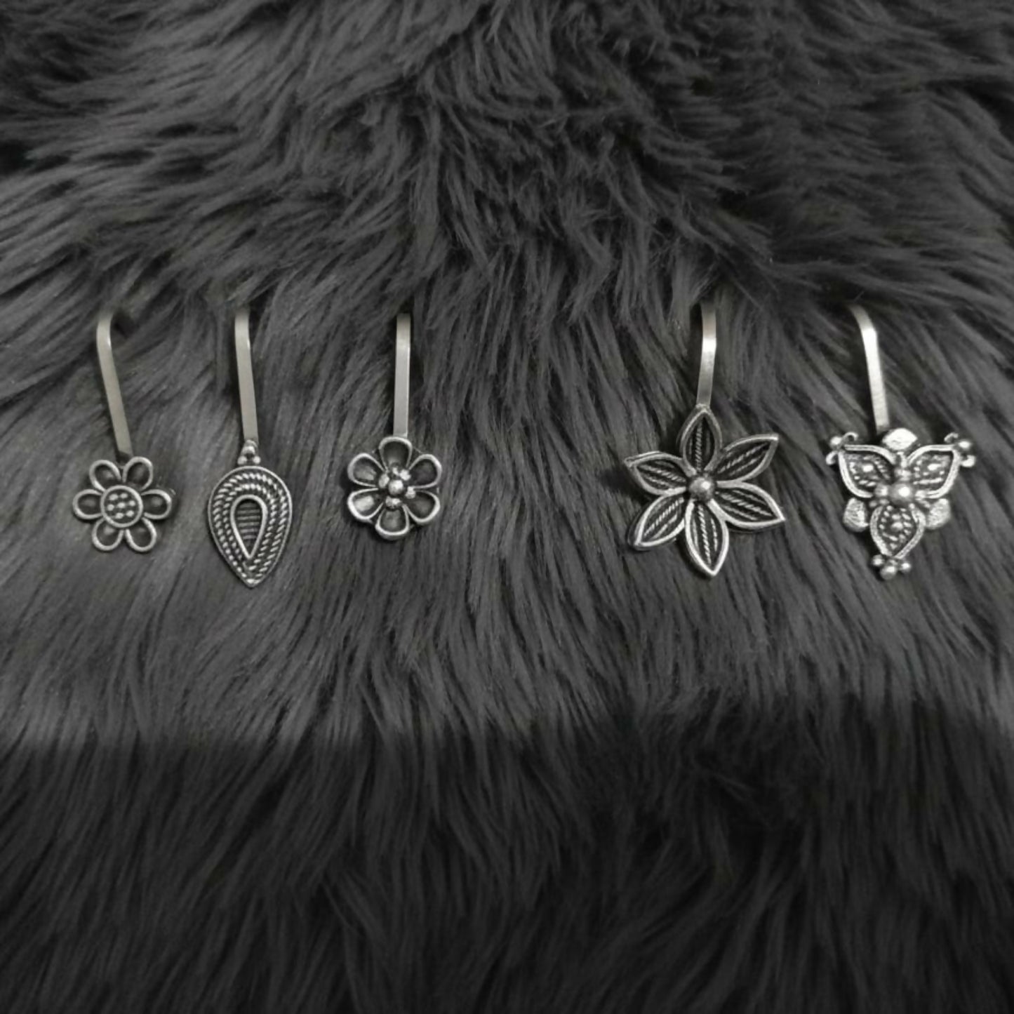 Oxidized Silver Traditional Floral Nose Pins Combo for Women & Girls (Pack of 5)