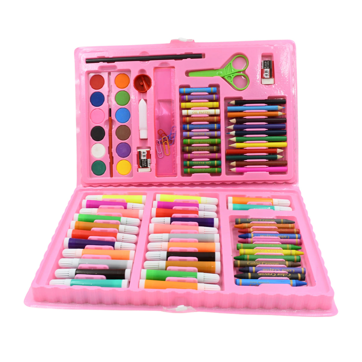 A bright pink art kit, fully open and filled with drawing and painting supplies, is presented against a white background.