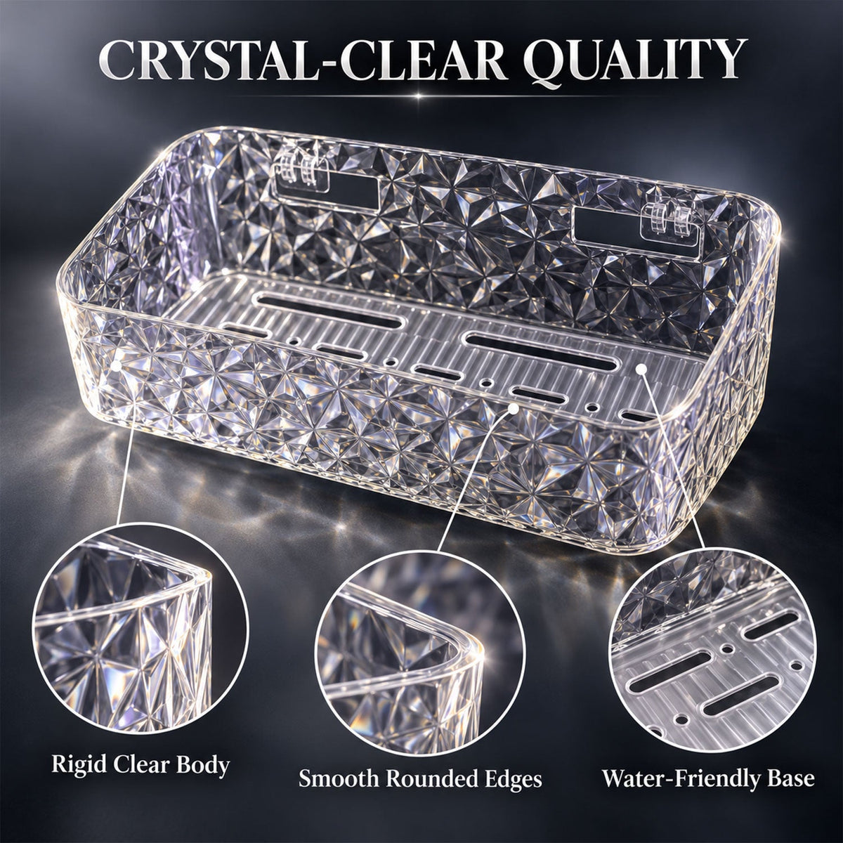 A clear, rectangular organizer with diamond texture and drainage slots, featuring magnified insets of its rigid body, smooth