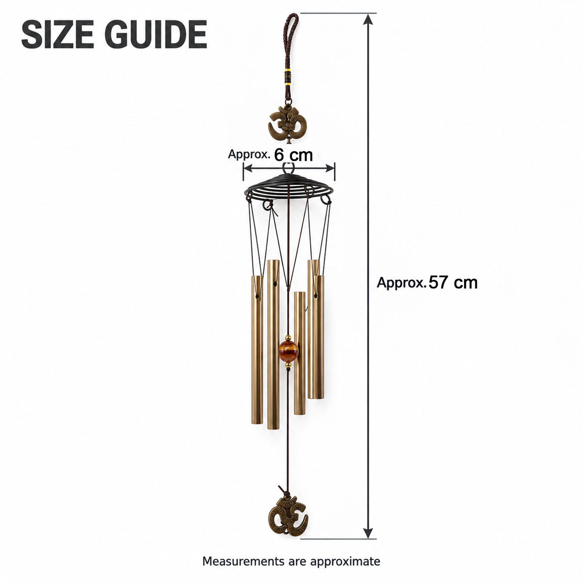 A metal wind chime with five gold-toned tubes and Om symbols, with approximate measurements of 6 cm width and 57 cm length.