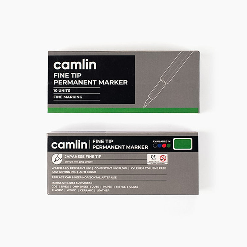 Camlin Fine Tip Permanent Marker – Green Color Precise Writing Markers (Pack of 10)