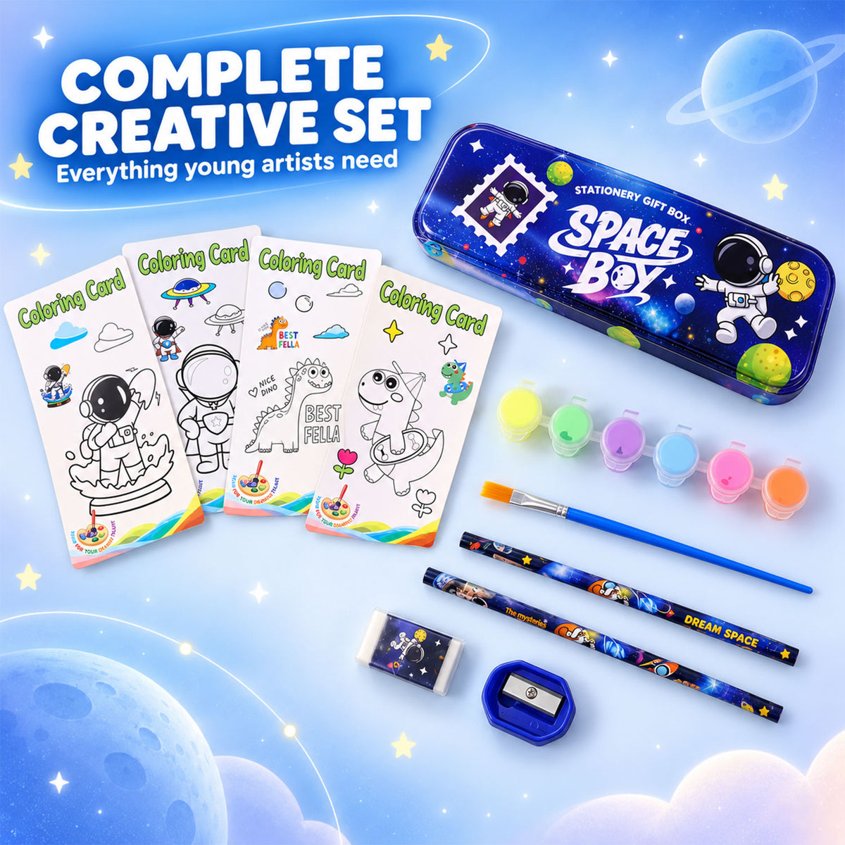 Kids Stationery Kit for School with Pencil Box, Paints and Colour Cards (1 Set)