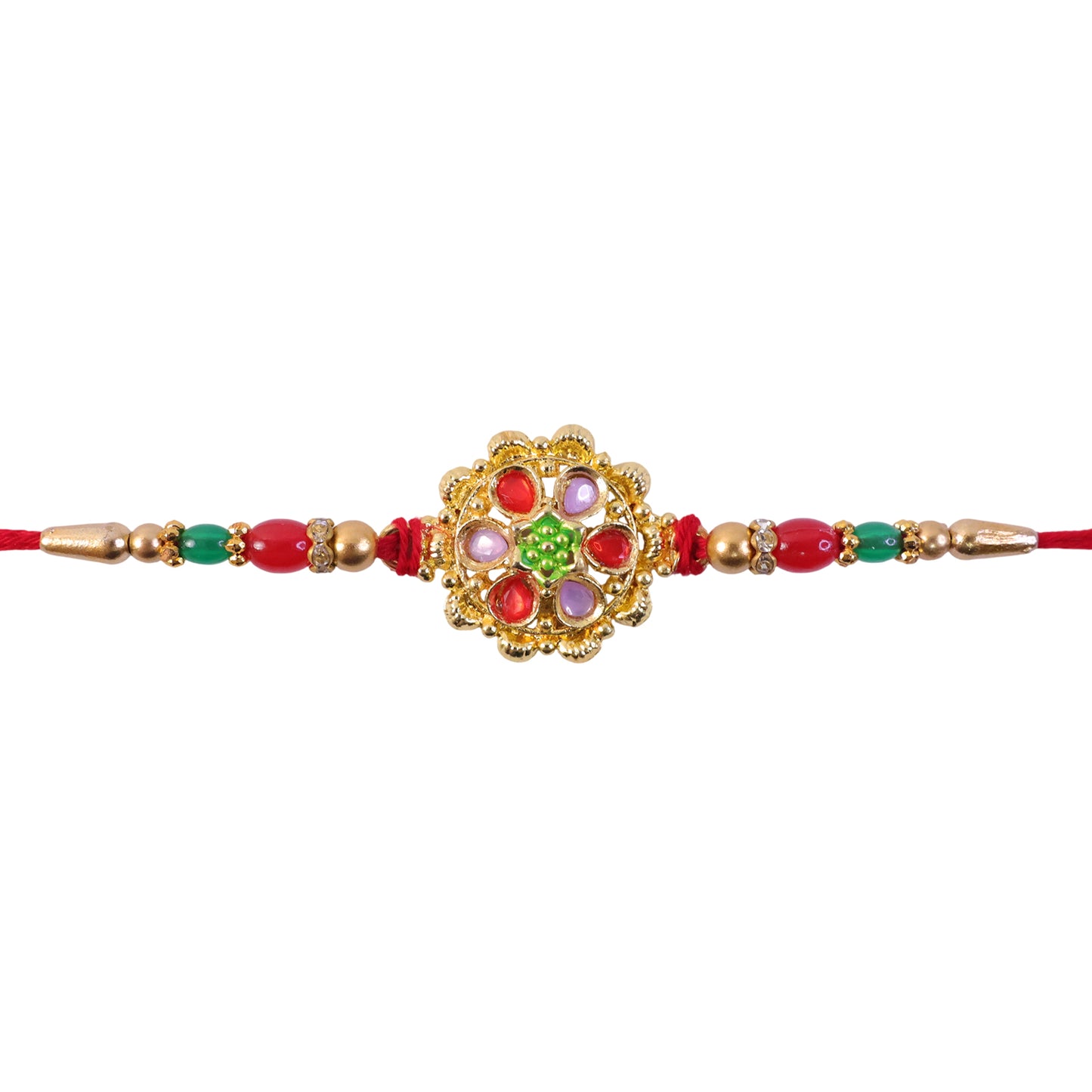 Red and Lilac Kundan Pendant Rakhi with Green Flower Centre