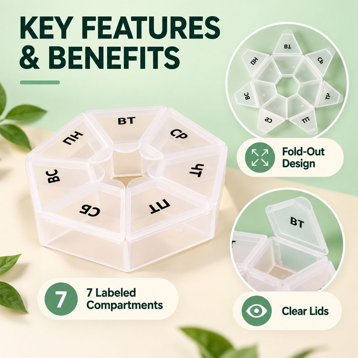 Medicine Pill Box with Clear Flip Lids for Weekly Travel Storage (7 Compartment)