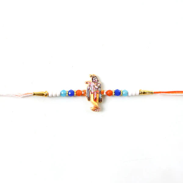 Lord Krishna idol rakhi with decorative beads, perfect for gifting to a brother.