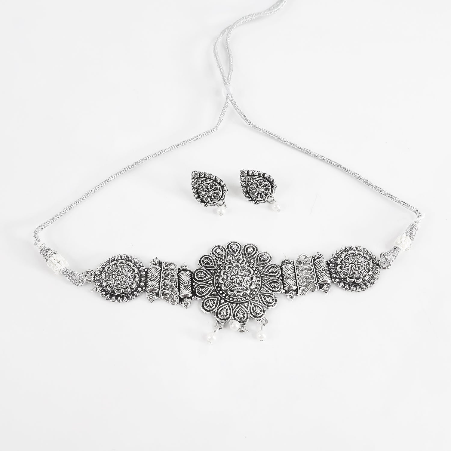 Oxidised Silver Choker With Matching Jhumas Earring For Women
