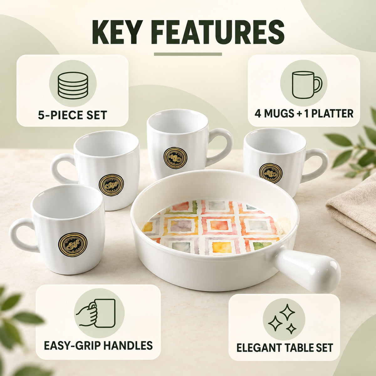 A five-piece ceramic set, with four white mugs and a platter featuring a colorful square design, is displayed with feature