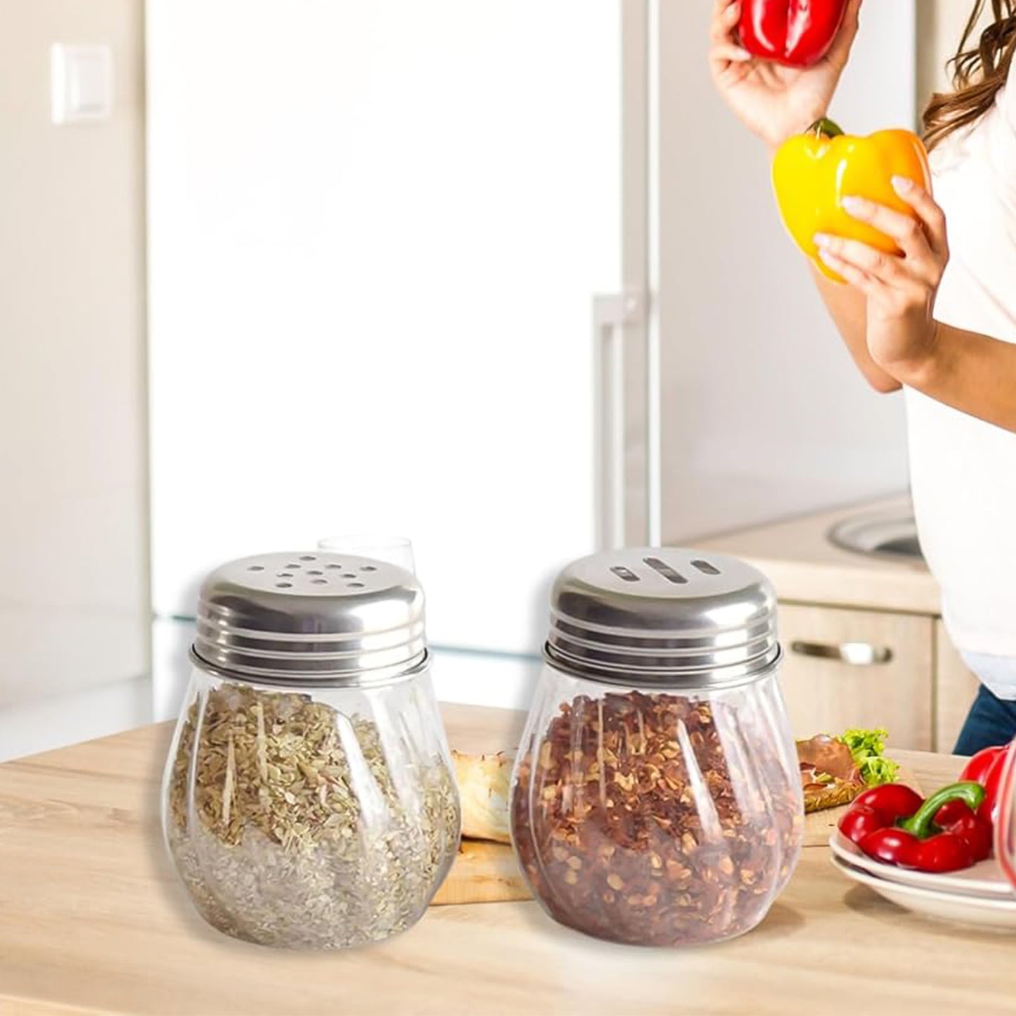 Apex Oregano & Chilli Flakes Dispenser Set – 2 Pcs Plastic Spice Shaker with Stainless Steel Lid