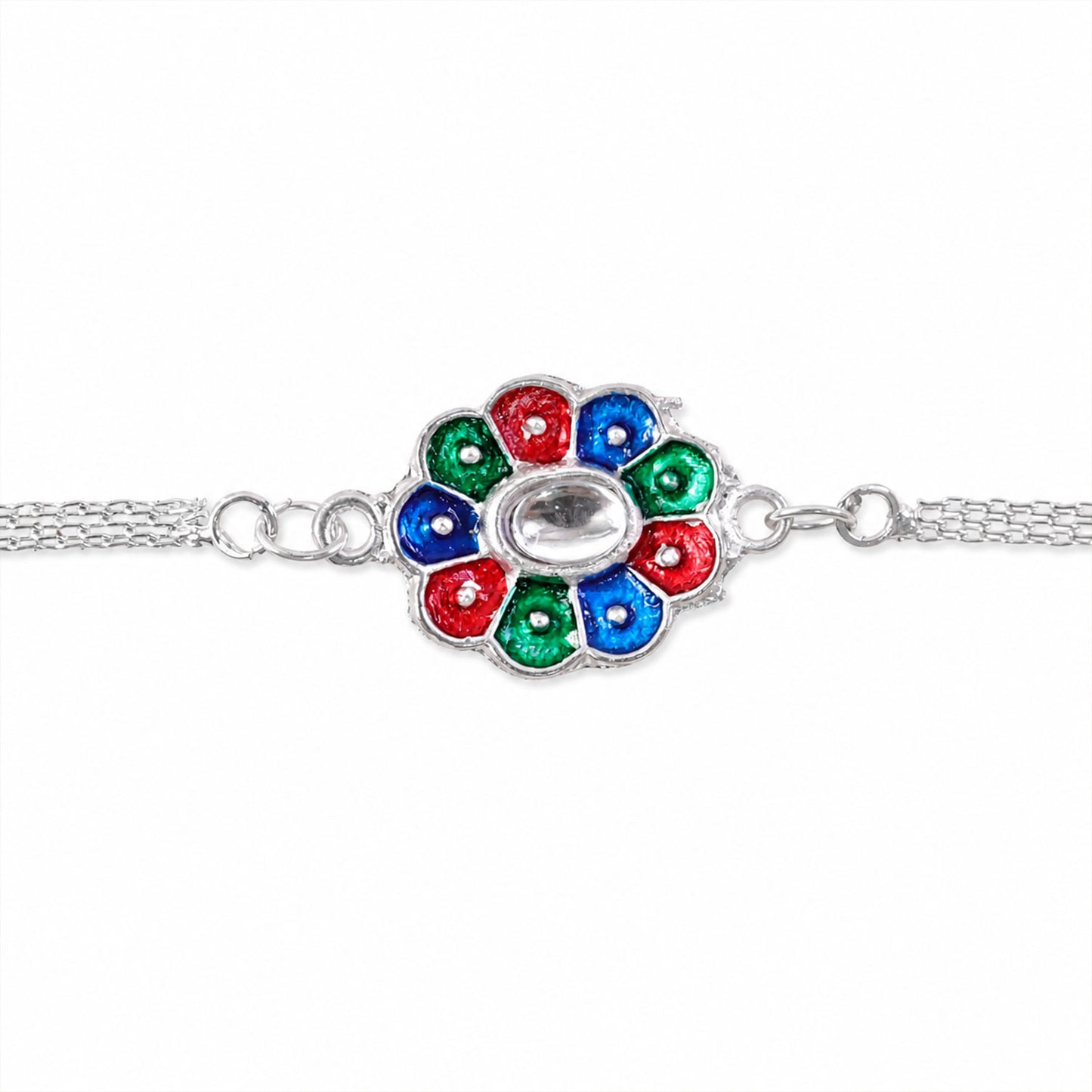 The silver chain bracelet with its colorful enamel flower charm is centered horizontally against a plain white background.