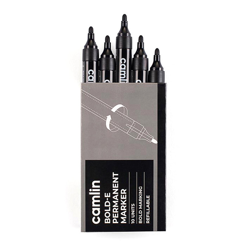 Camlin Bold-E Permanent Marker – Black Colour, Bold & Long-Lasting Ink, Refillable Permanent Markers for Multi-Surfaces – Pack of 10