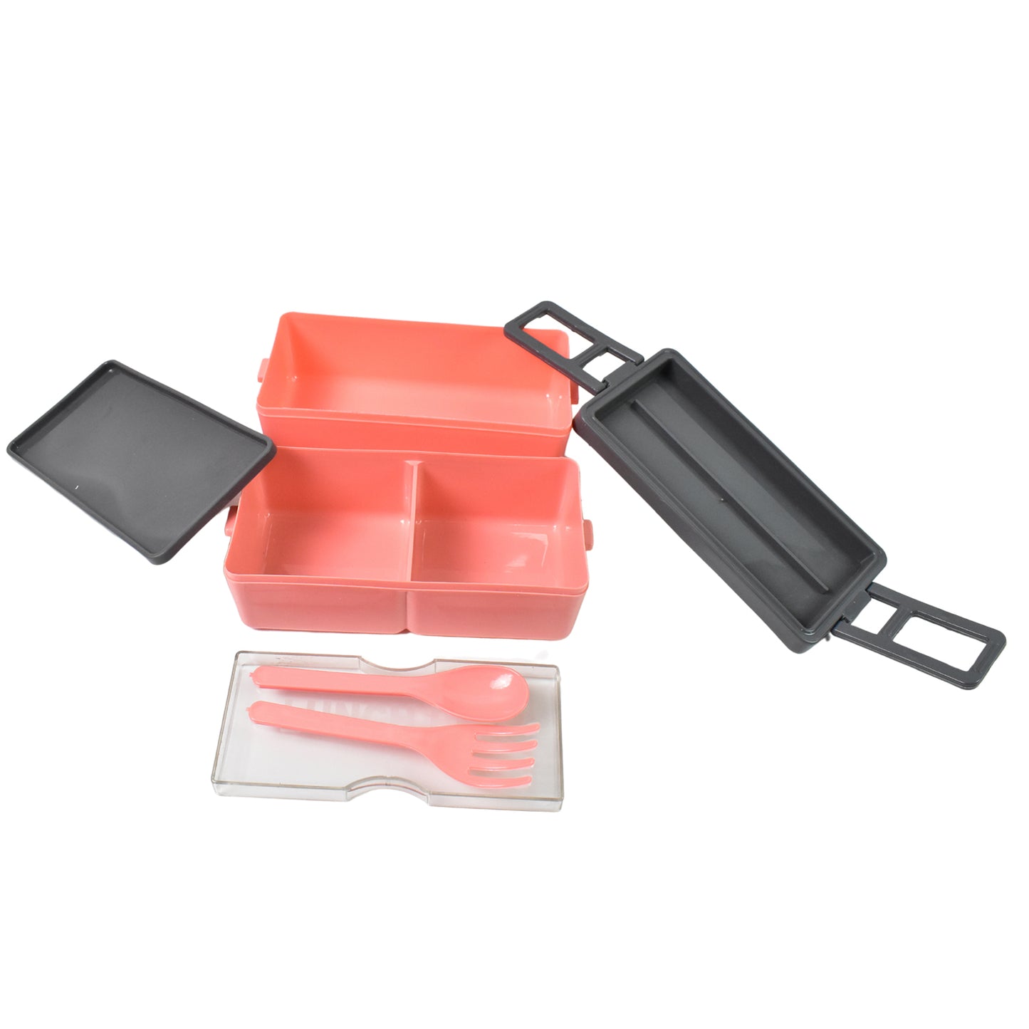 Side view of the multi-layer lunch box, emphasizing its secure latches and sturdy build.