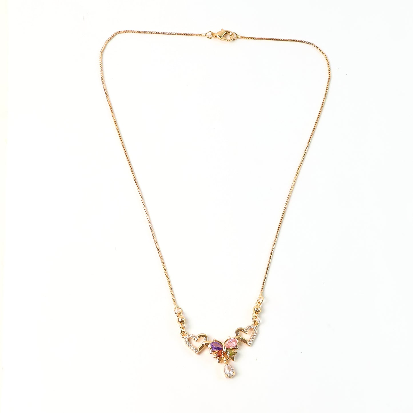 Multicolor Butterfly Design Gold-Plated Pendant Necklace with Heart Accents for Women