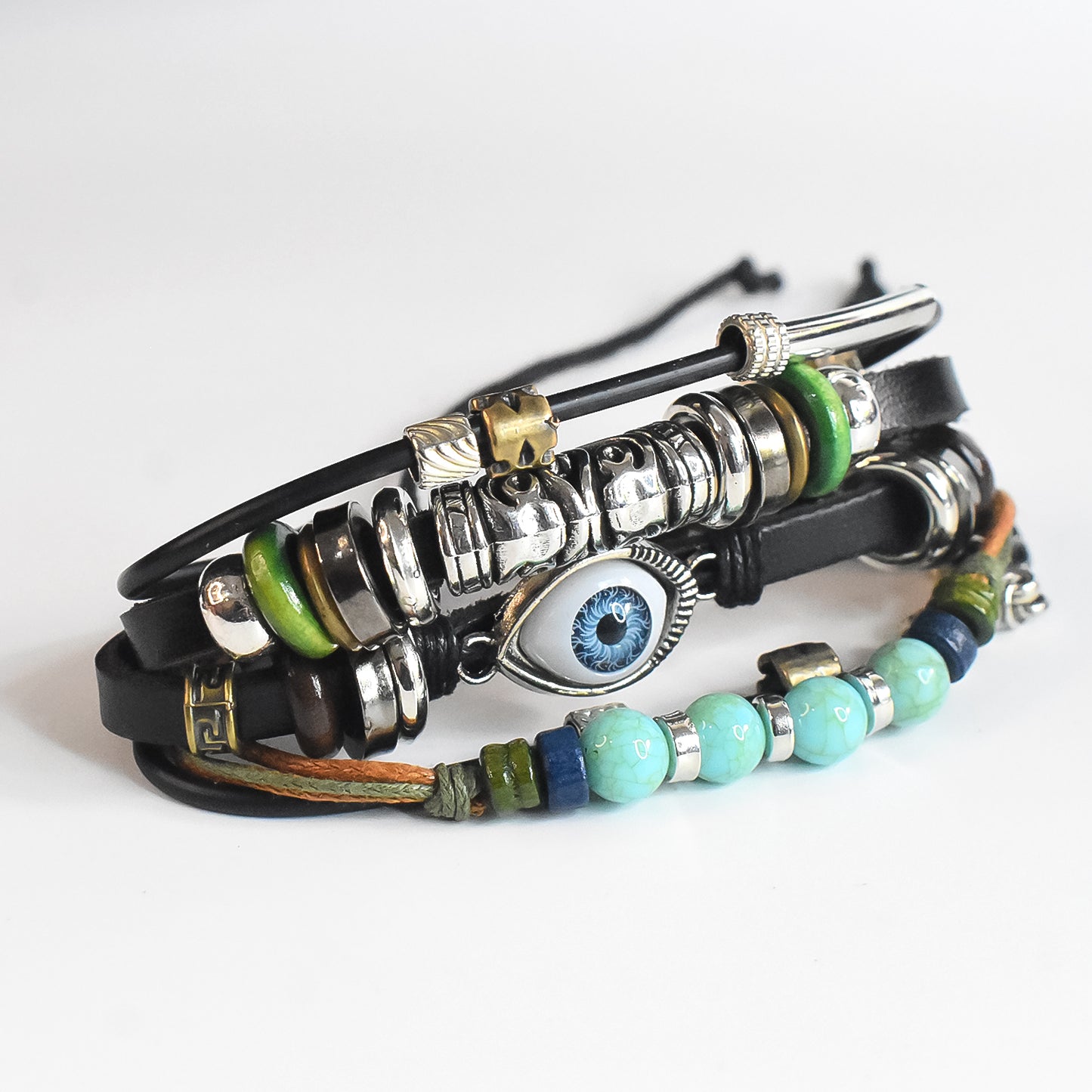 Leather Vintage Biker Cotton Thread Wood Strap Leaf Stackable Multi-strand Wrist Band  Bracelet