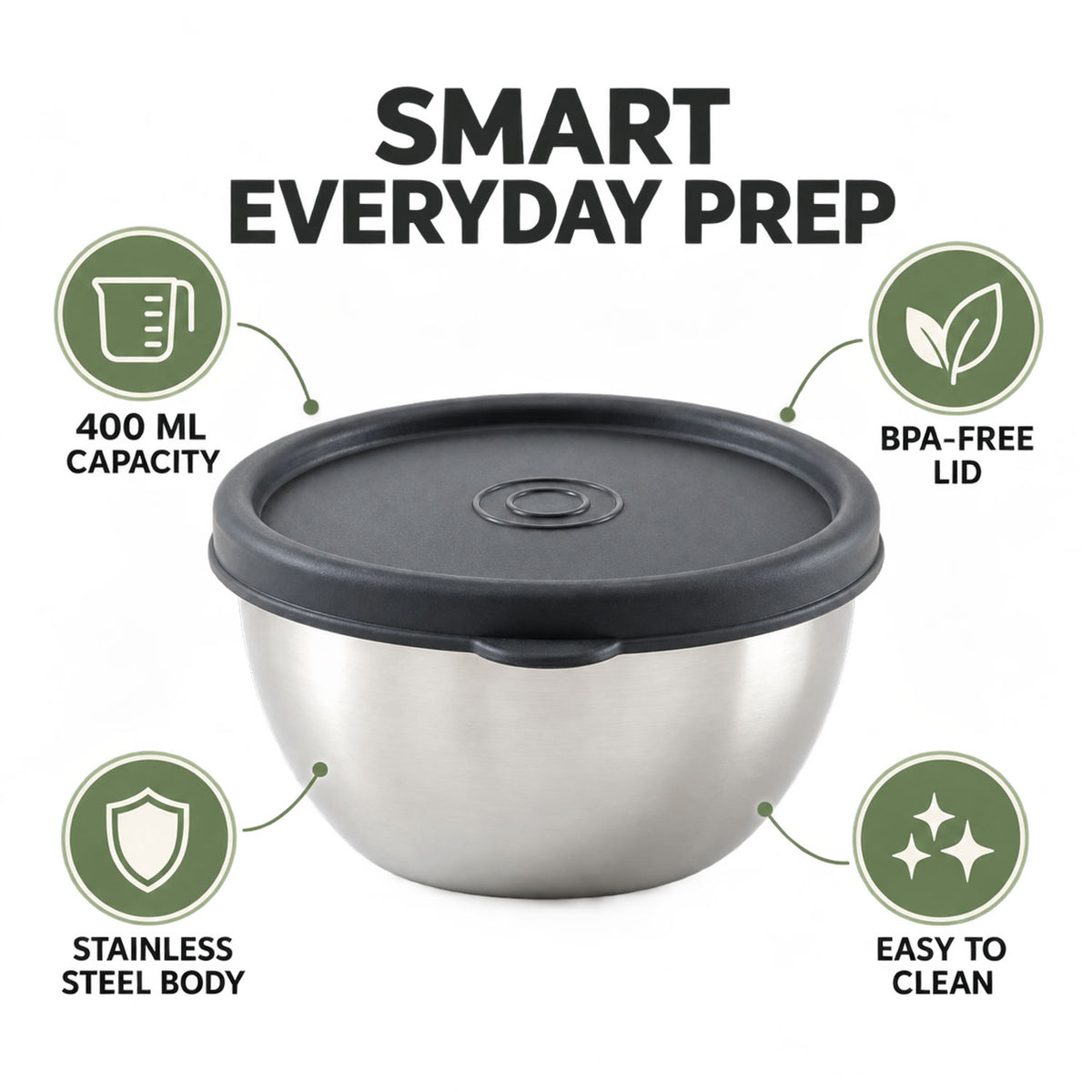 Apex Stainless Steel Food Container 400 ML with Lid, Round Storage Bowl (1 Pc)