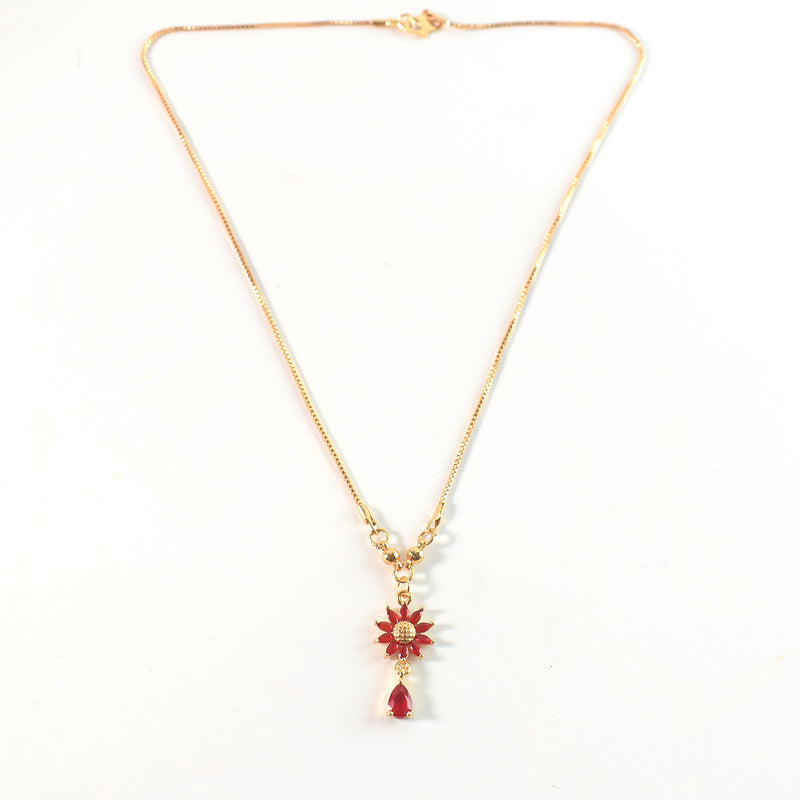 Gold-Plated Red Floral Crystal Pendant Necklace for Women