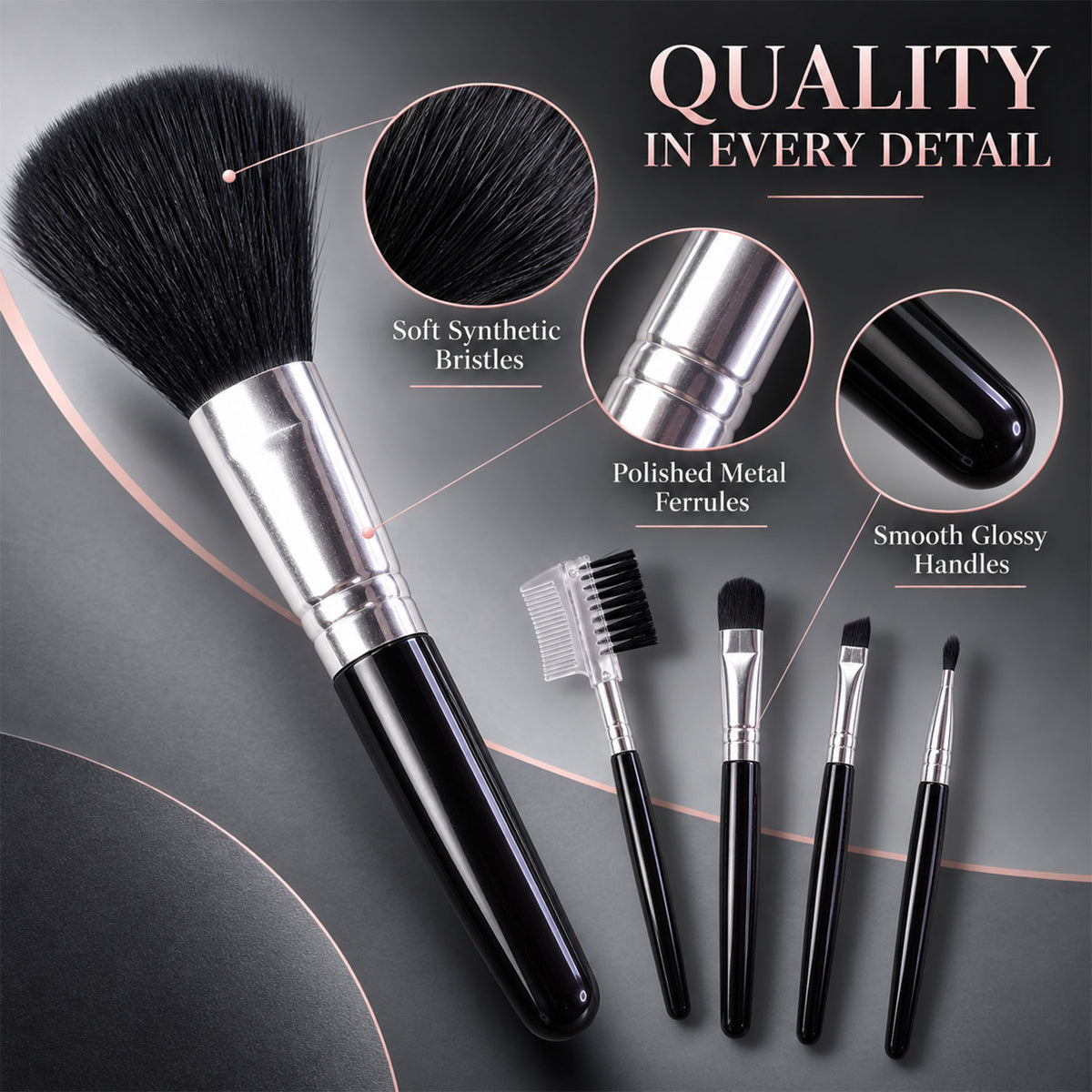 Mini Makeup Brush Set for Face Eye Brow and Lip Makeup with Compact Tools (5 Pc)