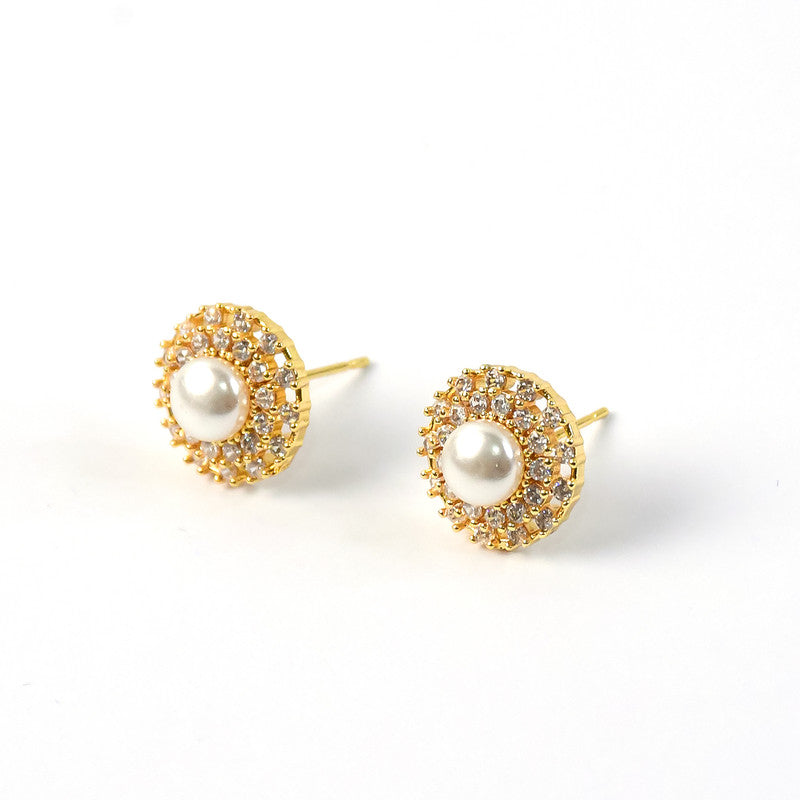 Round Pearl Stud Earrings with Crystal Border and Gold Finish for Women
