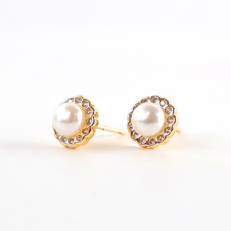 Classic Round Pearl and CZ Stone Stud Earrings for Women