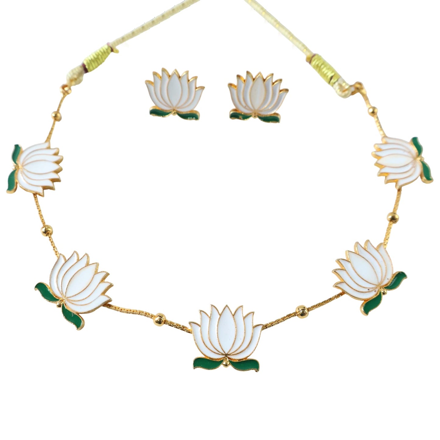 White Lotus Necklace Set – Adjustable Thread Traditional Jewellery