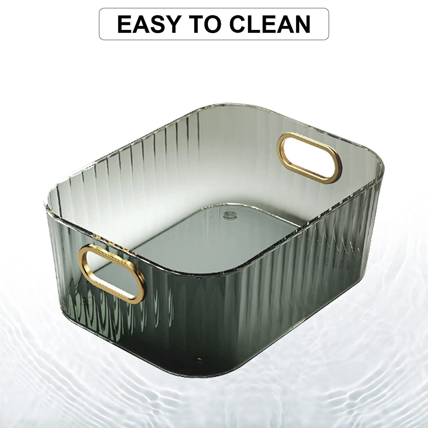 Premium Ribbed Transparent Storage Basket with Gold Handle – Multipurpose Kitchen & Home Organizer Box