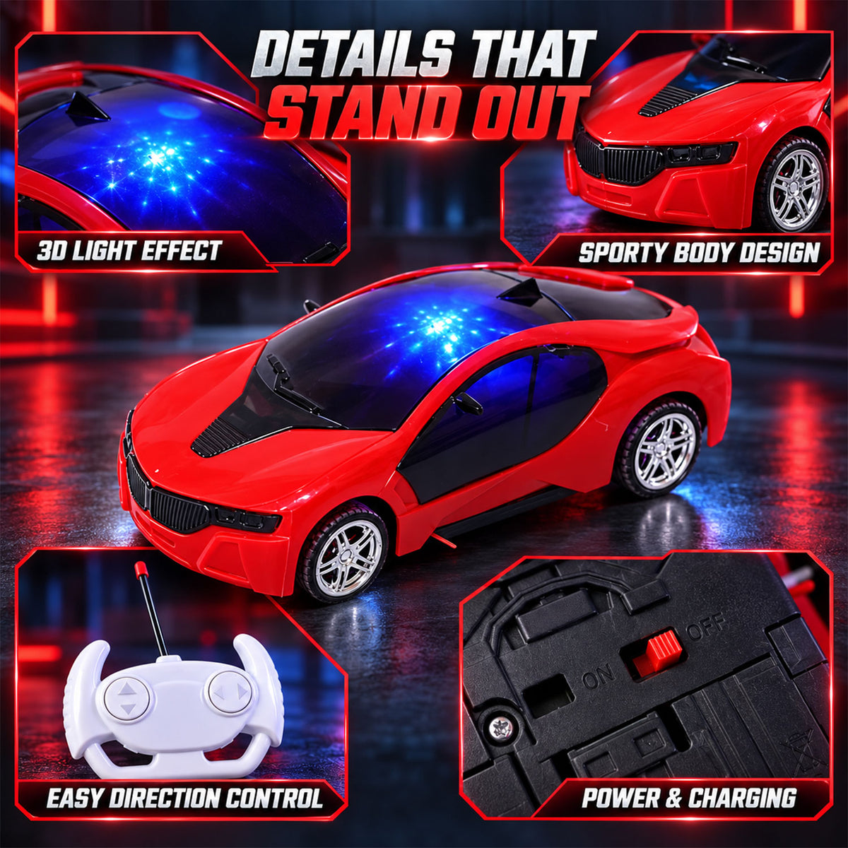 Rechargeable RC Sports Car Toy with 3D Sparkling LED Lights for Kids (1 Pc)