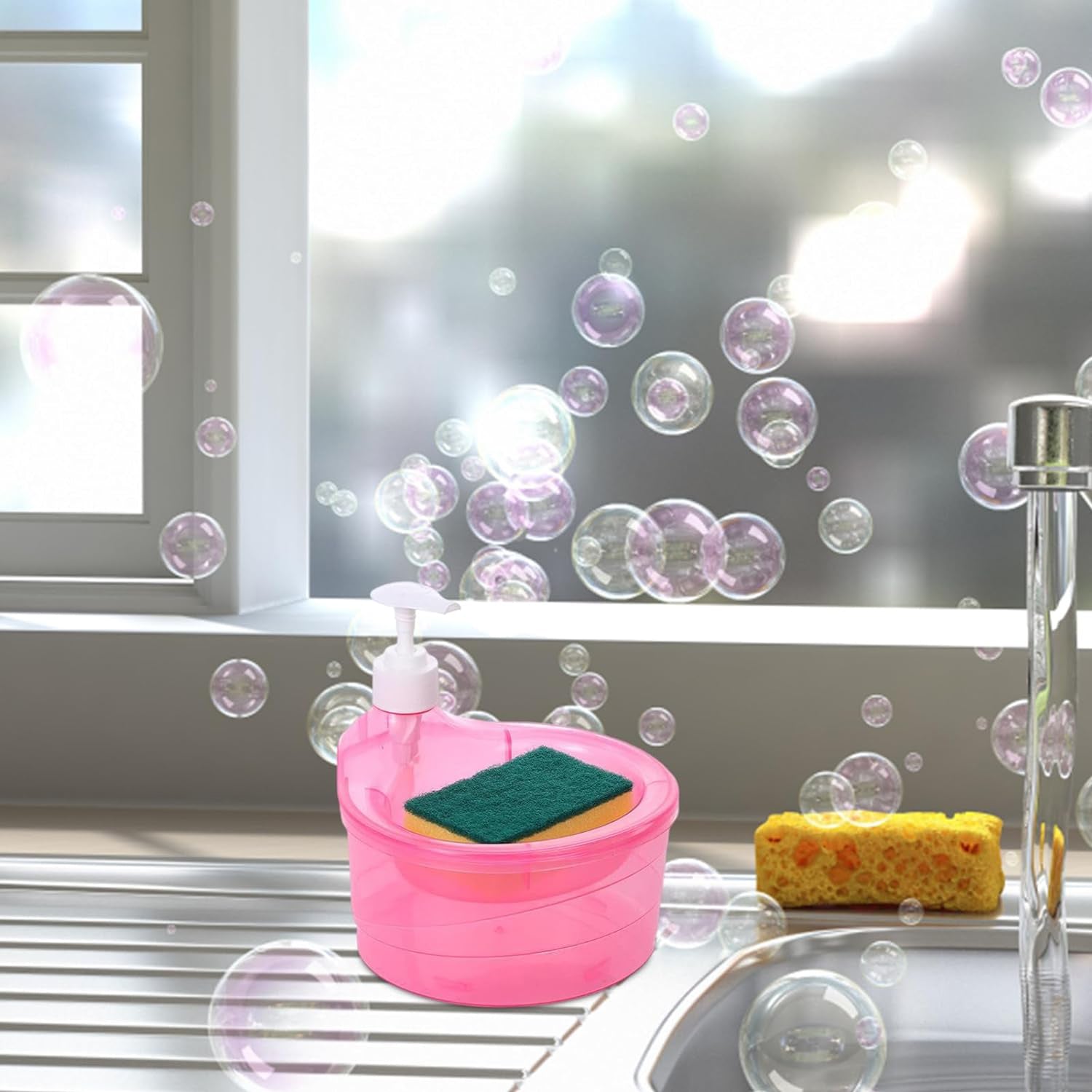 12589 પંપ અને સ્પોન્જ સાથે ડબલ લેયર લિક્વિડ સોપ ડિસ્પેન્સર, હોટેલ સિંક ક્લિયર માટે પ્રેક્ટિકલ, ઘર માટે સાબુ ડિસ્પેન્સિંગ લિક્વિડ પંપ બોટલ, કિચન રેક્ટેન્ગલ (2 માં 1)