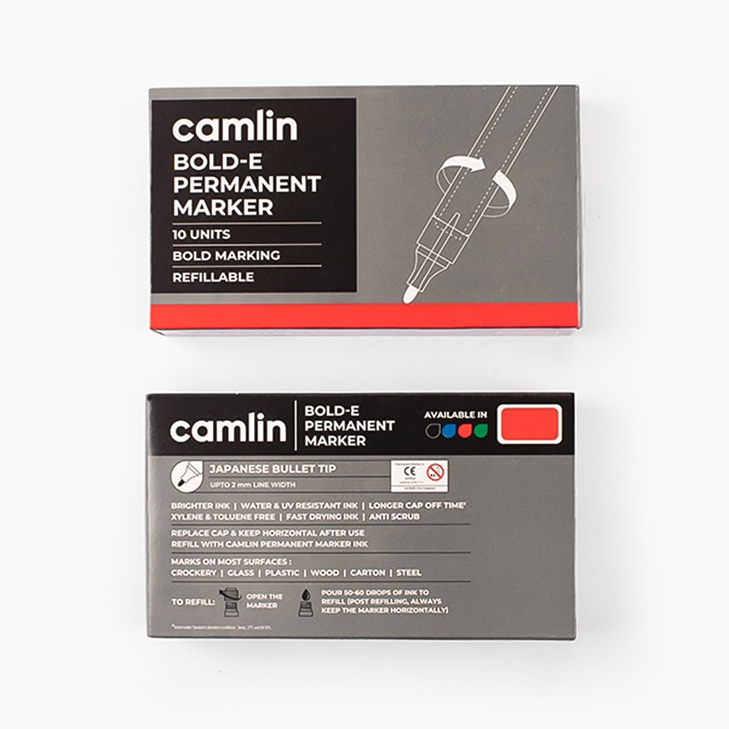 Camlin Bold-E Permanent Marker – Refillable Bold Writing (Red, Pack of 10)