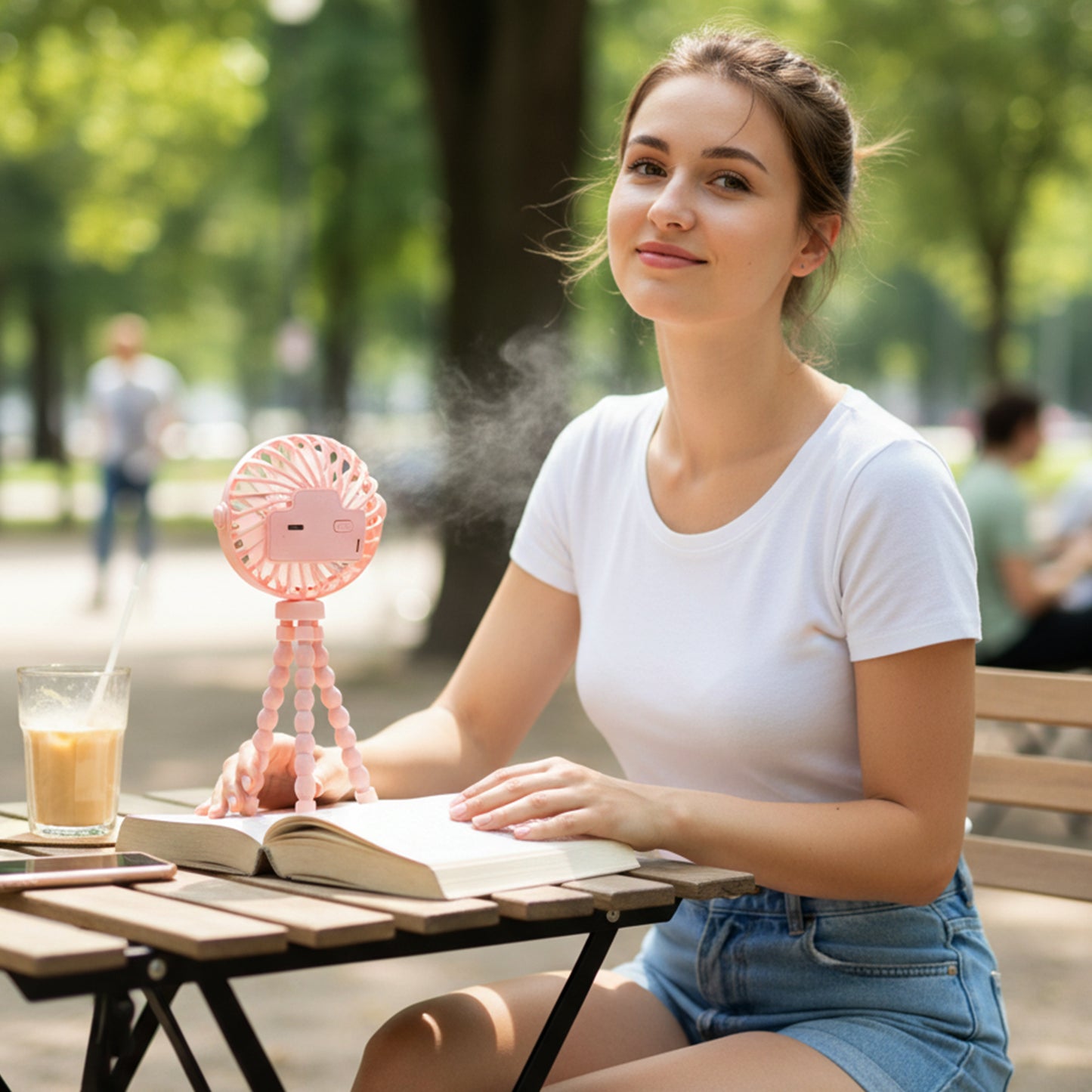 Portable rechargeable fan with flexible tripod mounted on surface
