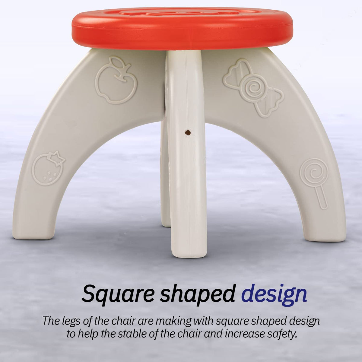 A close-up of the red and white plastic stool, highlighting its curved legs with embossed candy designs.