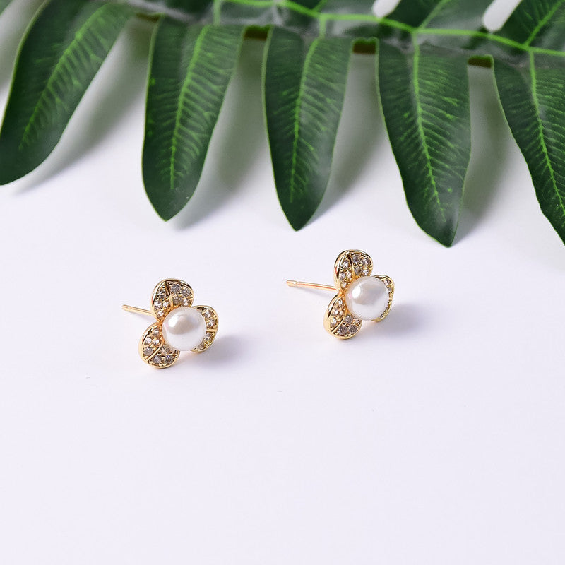 Pearl Center Clover Design Stud Earrings with Gold Finish for Women