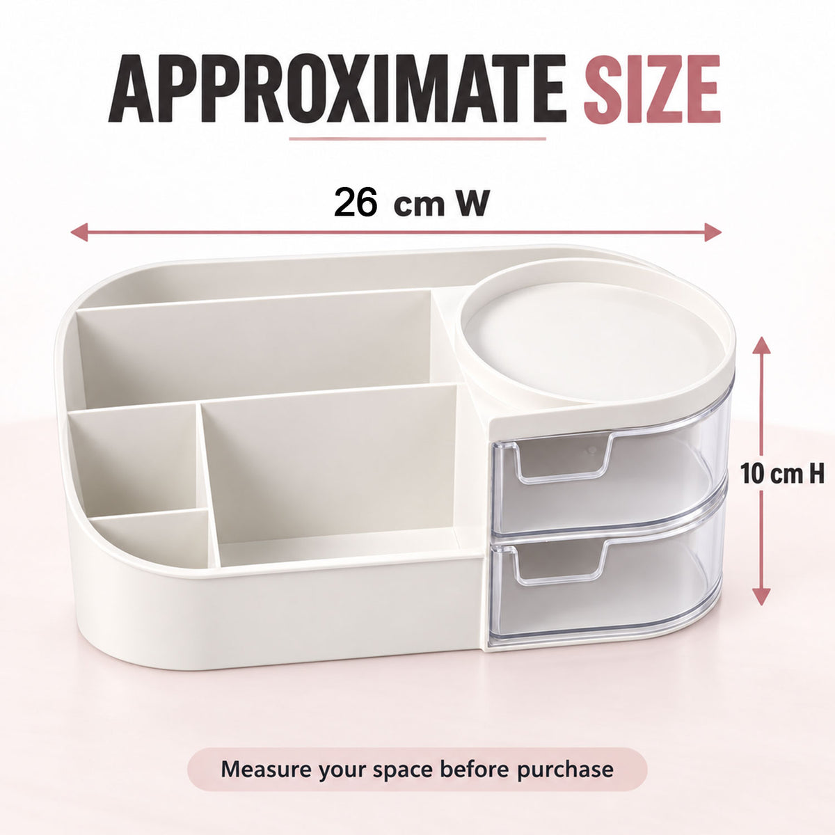 Vanity Organizer with Rotating Tray & Drawers for Easy Storage
